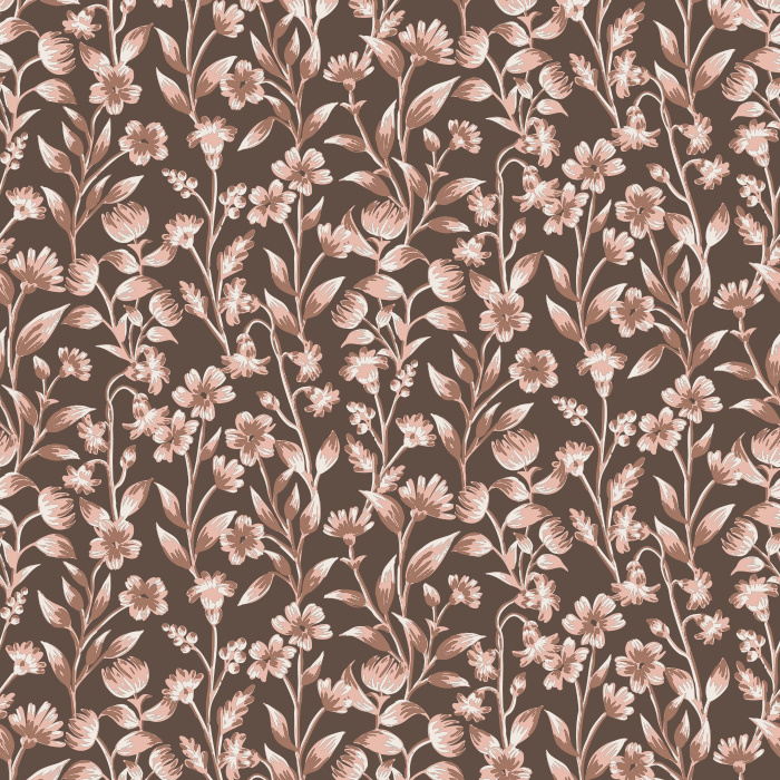 The Floral Silhouettes Wallpaper features a delicate botanical design of ivory flowers and leafy vines on a muted blue-gray background.