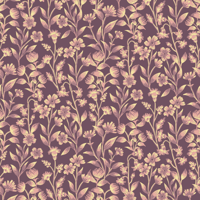 The Floral Silhouettes Wallpaper features a delicate botanical design of ivory flowers and leafy vines on a muted blue-gray background.