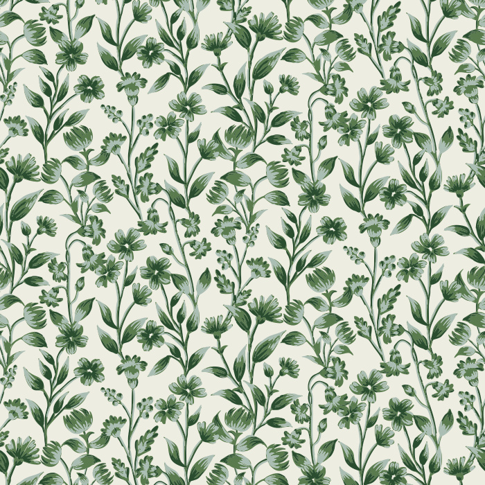 The Floral Silhouettes Wallpaper features a delicate botanical design of ivory flowers and leafy vines on a muted blue-gray background.