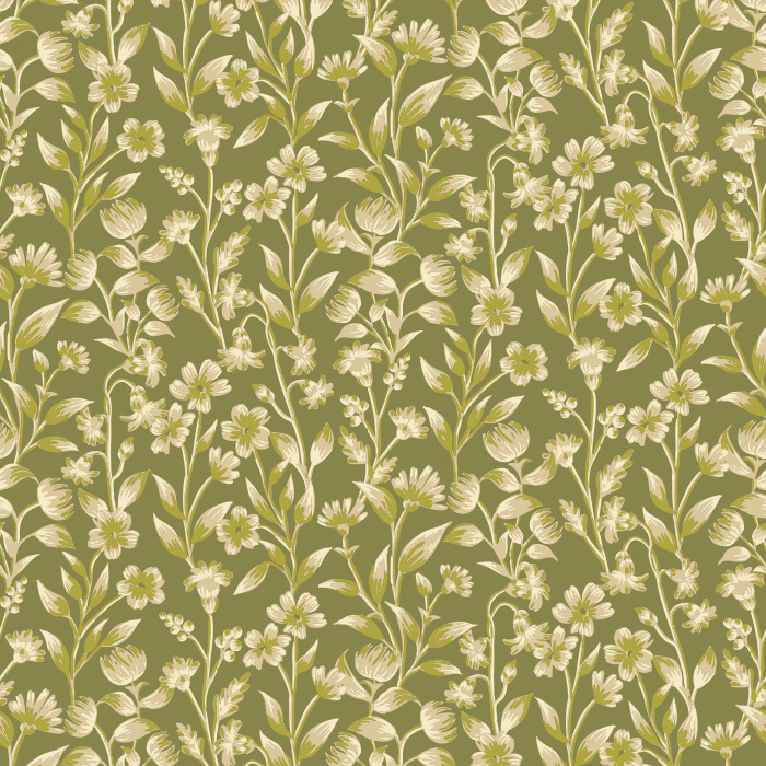 The Floral Silhouettes Wallpaper features a delicate botanical design of ivory flowers and leafy vines on a muted blue-gray background.