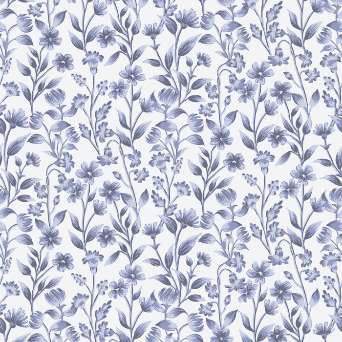 The Floral Silhouettes Wallpaper features a delicate botanical design of ivory flowers and leafy vines on a muted blue-gray background.