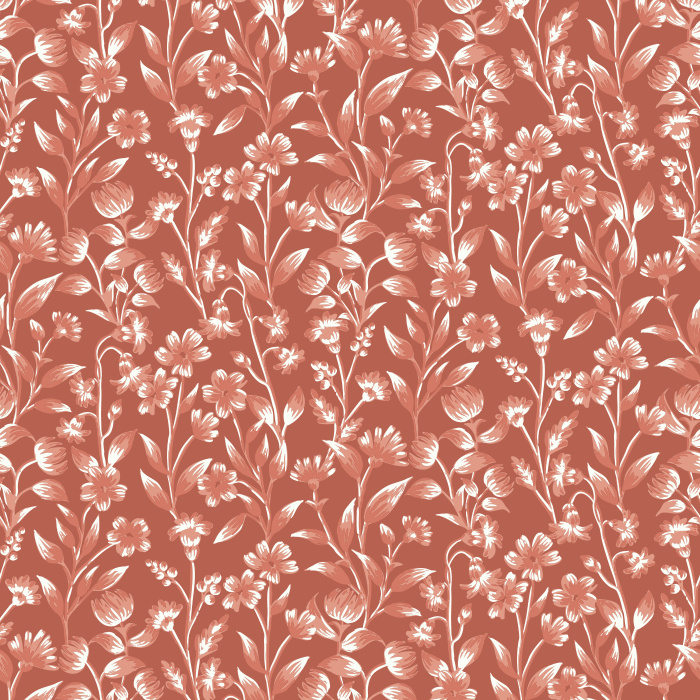 The Floral Silhouettes Wallpaper features a delicate botanical design of ivory flowers and leafy vines on a muted blue-gray background.