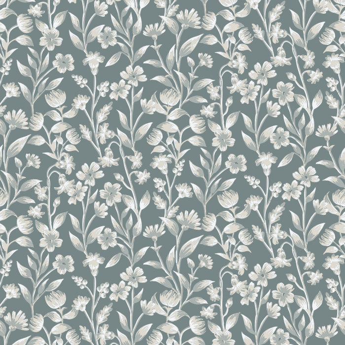 The Floral Silhouettes Wallpaper features a delicate botanical design of ivory flowers and leafy vines on a muted blue-gray background.