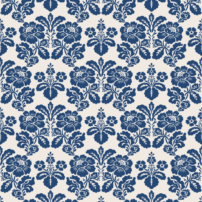 The Victorian Heritage Wallpaper captures timeless grandeur with its elegant damask-style floral motifs in ivory on a soft slate blue background.