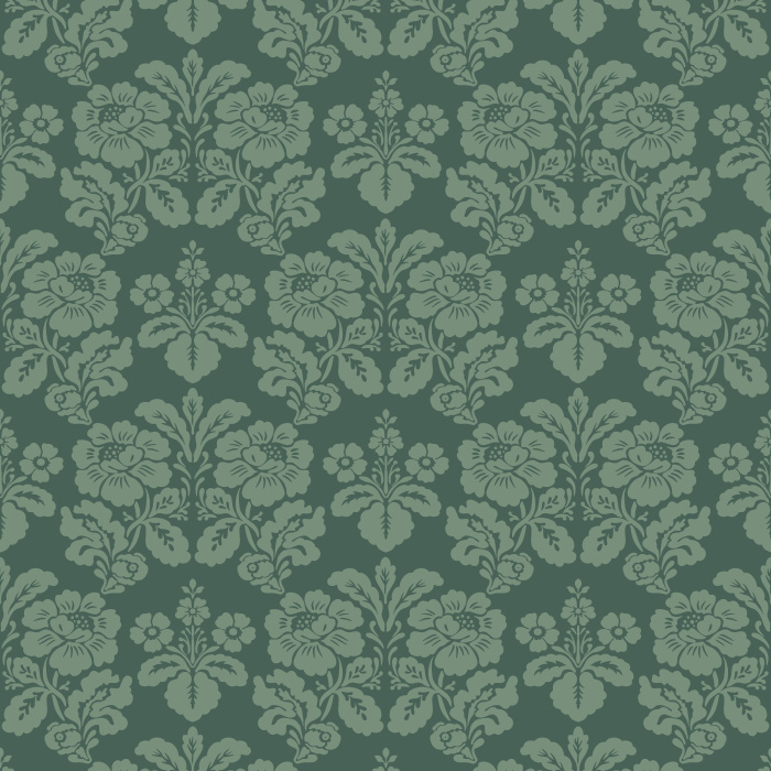 The Victorian Heritage Wallpaper captures timeless grandeur with its elegant damask-style floral motifs in ivory on a soft slate blue background.