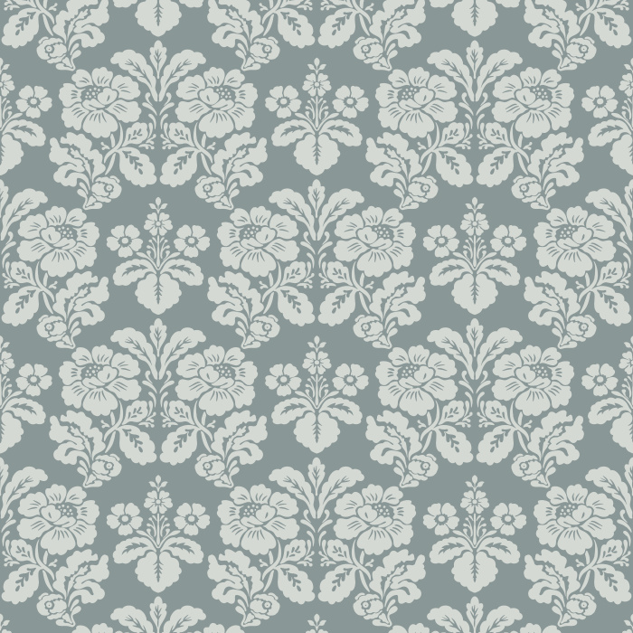 The Victorian Heritage Wallpaper captures timeless grandeur with its elegant damask-style floral motifs in ivory on a soft slate blue background.