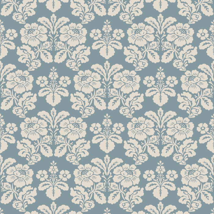 The Victorian Heritage Wallpaper captures timeless grandeur with its elegant damask-style floral motifs in ivory on a soft slate blue background.