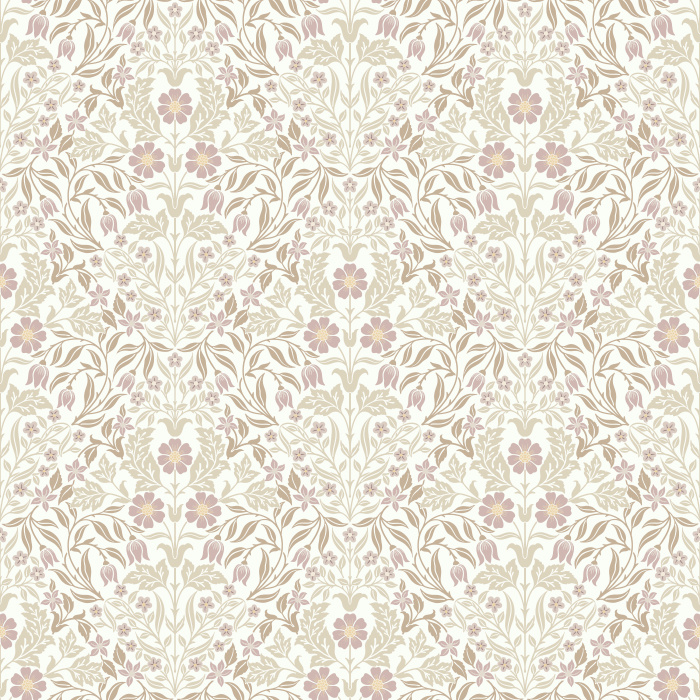 The Antique Blooms Wallpaper embodies timeless artistry with its intricate floral motif in soft cream, muted mauve, and olive green tones.
