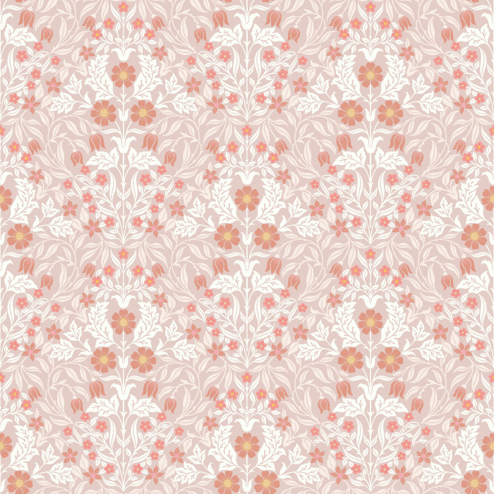 The Antique Blooms Wallpaper embodies timeless artistry with its intricate floral motif in soft cream, muted mauve, and olive green tones.
