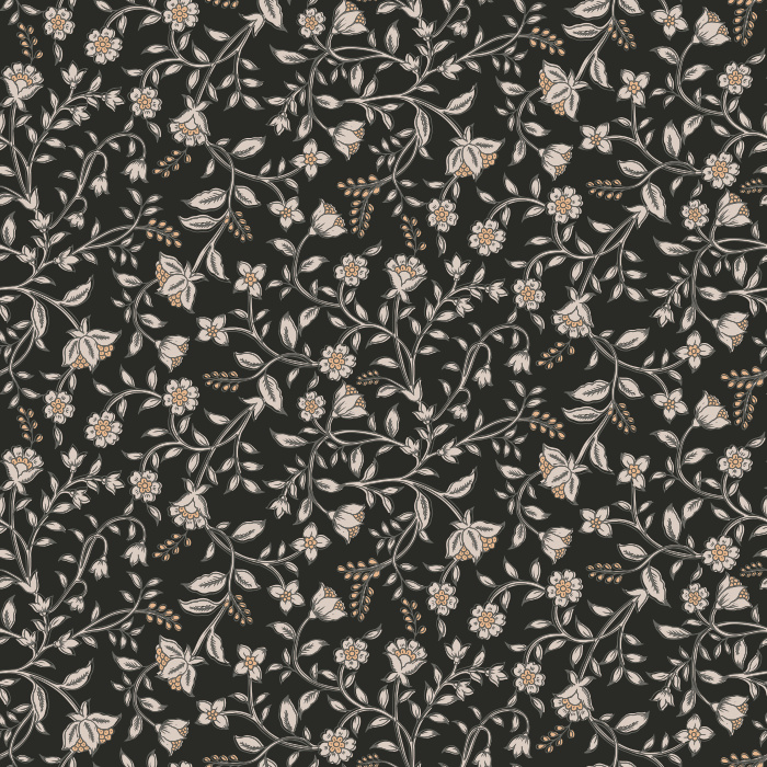 The Folk Blossoms Wallpaper captures the charm of handmade artistry with a delicate floral vine pattern in soft white against a warm honey-brown background.