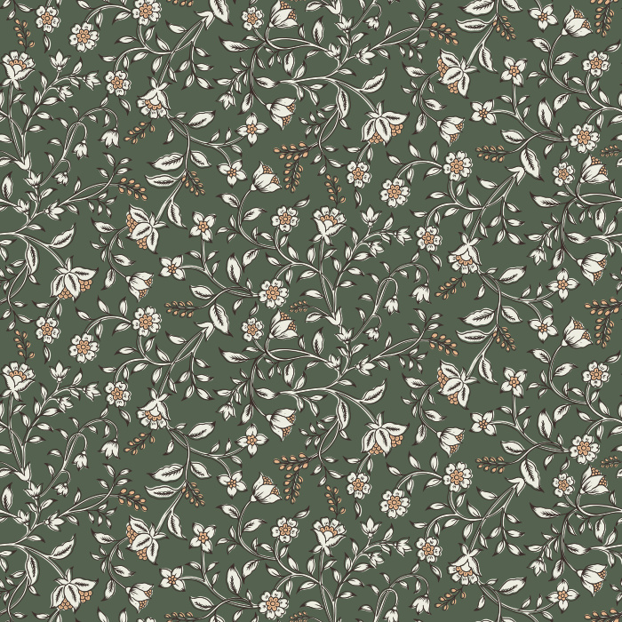 The Folk Blossoms Wallpaper captures the charm of handmade artistry with a delicate floral vine pattern in soft white against a warm honey-brown background.