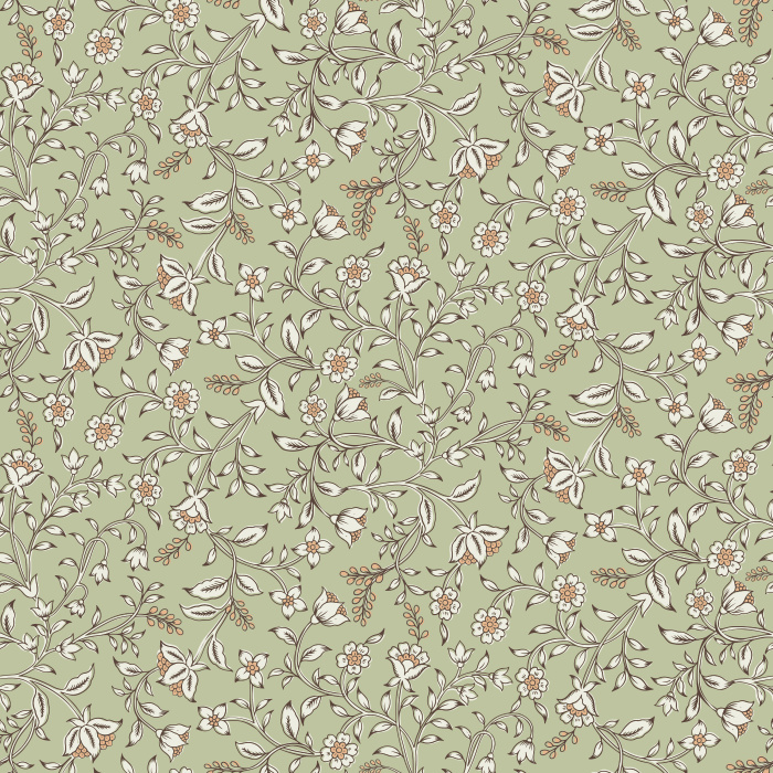 The Folk Blossoms Wallpaper captures the charm of handmade artistry with a delicate floral vine pattern in soft white against a warm honey-brown background.