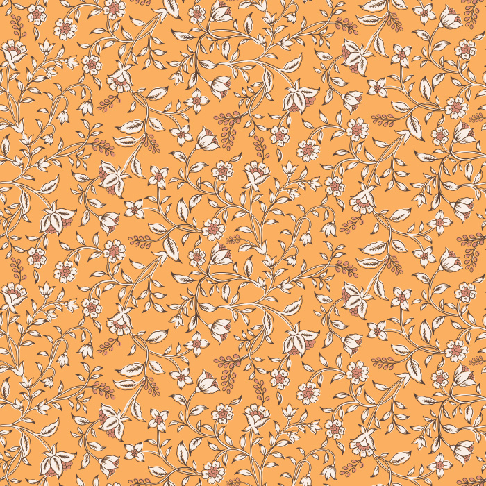 The Folk Blossoms Wallpaper captures the charm of handmade artistry with a delicate floral vine pattern in soft white against a warm honey-brown background.