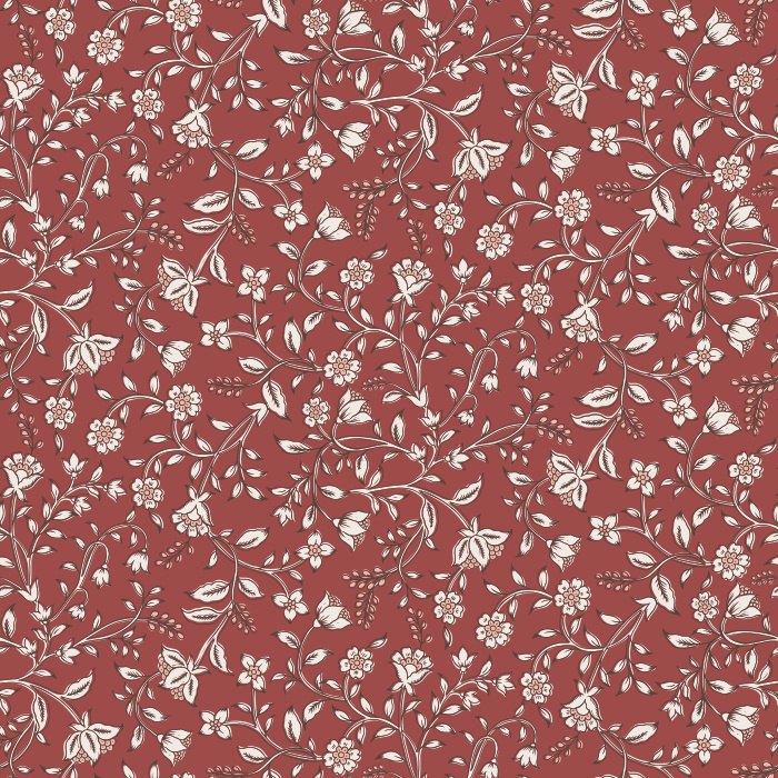 The Folk Blossoms Wallpaper captures the charm of handmade artistry with a delicate floral vine pattern in soft white against a warm honey-brown background.