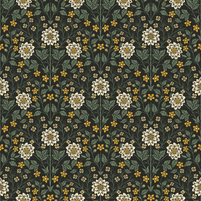 The Fantasy Garden Wallpaper blooms with whimsical charm, featuring golden florals and sage green leaves set against a soft ivory backdrop.