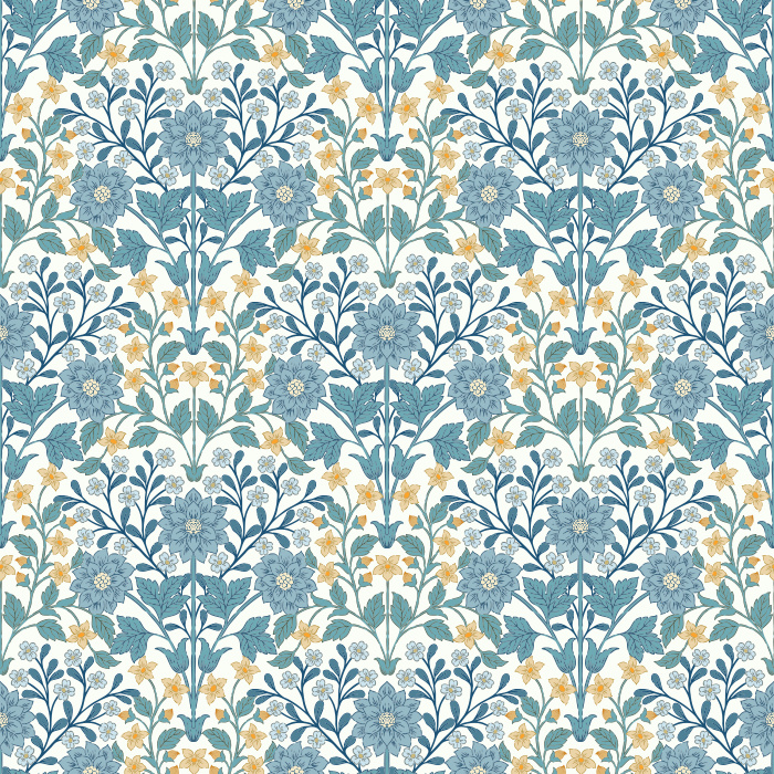 The Fantasy Garden Wallpaper blooms with whimsical charm, featuring golden florals and sage green leaves set against a soft ivory backdrop.