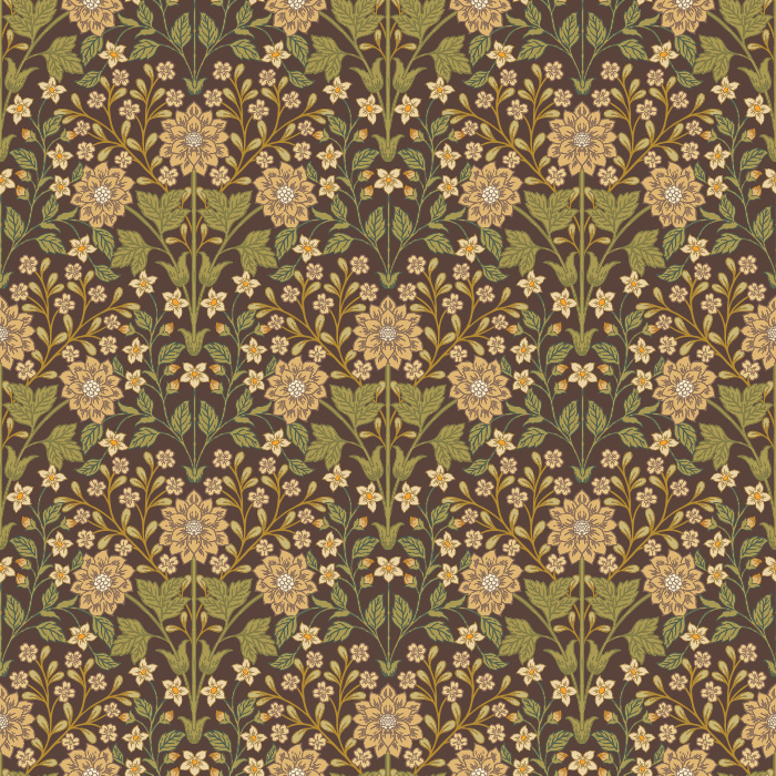 The Fantasy Garden Wallpaper blooms with whimsical charm, featuring golden florals and sage green leaves set against a soft ivory backdrop.