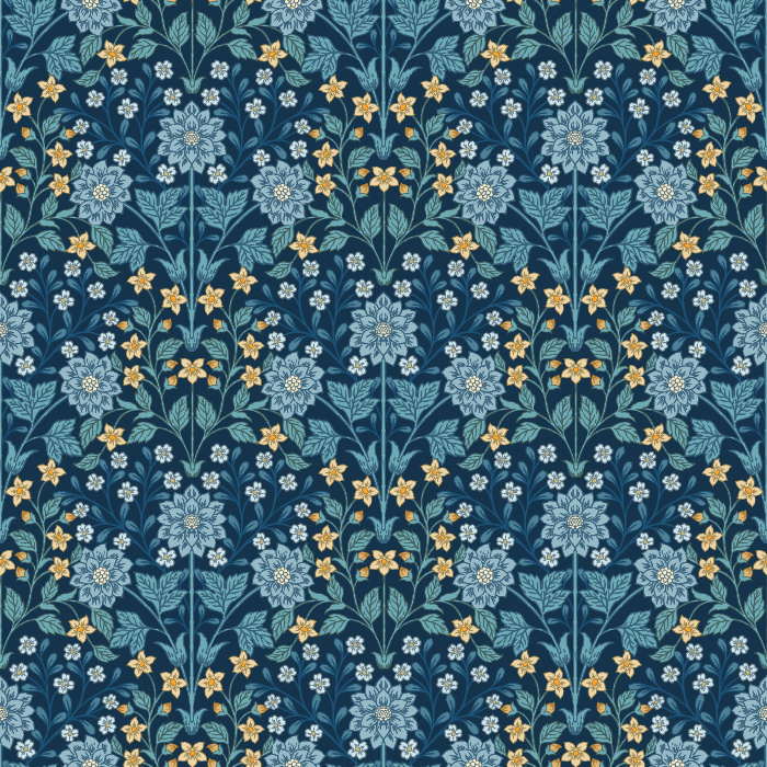 The Fantasy Garden Wallpaper blooms with whimsical charm, featuring golden florals and sage green leaves set against a soft ivory backdrop.