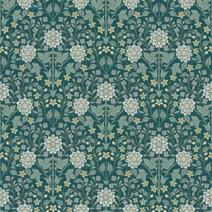 The Fantasy Garden Wallpaper blooms with whimsical charm, featuring golden florals and sage green leaves set against a soft ivory backdrop.