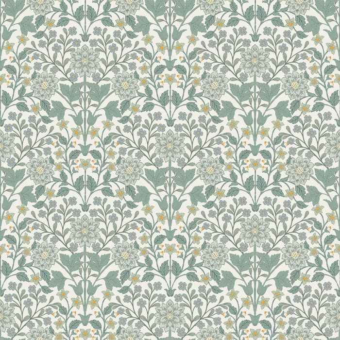 The Fantasy Garden Wallpaper blooms with whimsical charm, featuring golden florals and sage green leaves set against a soft ivory backdrop.