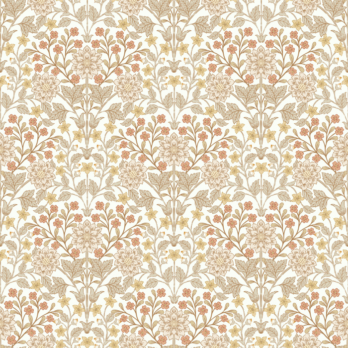 The Fantasy Garden Wallpaper blooms with whimsical charm, featuring golden florals and sage green leaves set against a soft ivory backdrop.