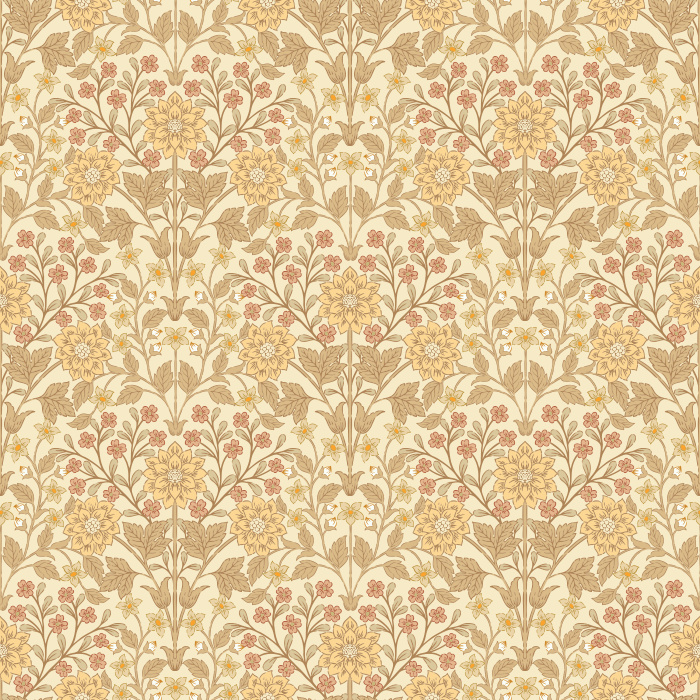 The Fantasy Garden Wallpaper blooms with whimsical charm, featuring golden florals and sage green leaves set against a soft ivory backdrop.