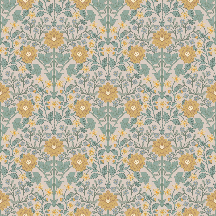 The Fantasy Garden Wallpaper blooms with whimsical charm, featuring golden florals and sage green leaves set against a soft ivory backdrop.