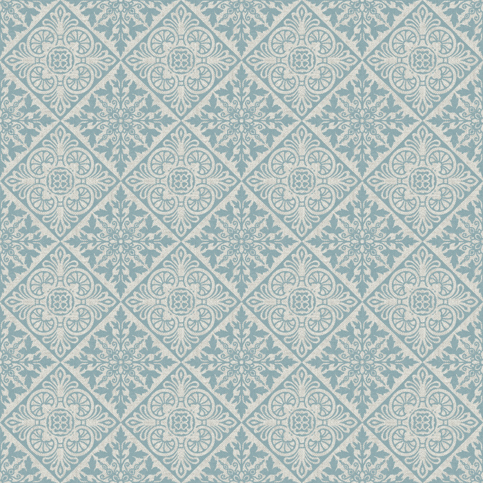 The Textured Pathways Wallpaper brings timeless sophistication to your space with its intricate diamond-tile pattern in muted blue and ivory tones.