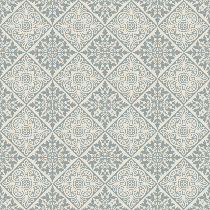 The Textured Pathways Wallpaper brings timeless sophistication to your space with its intricate diamond-tile pattern in muted blue and ivory tones.