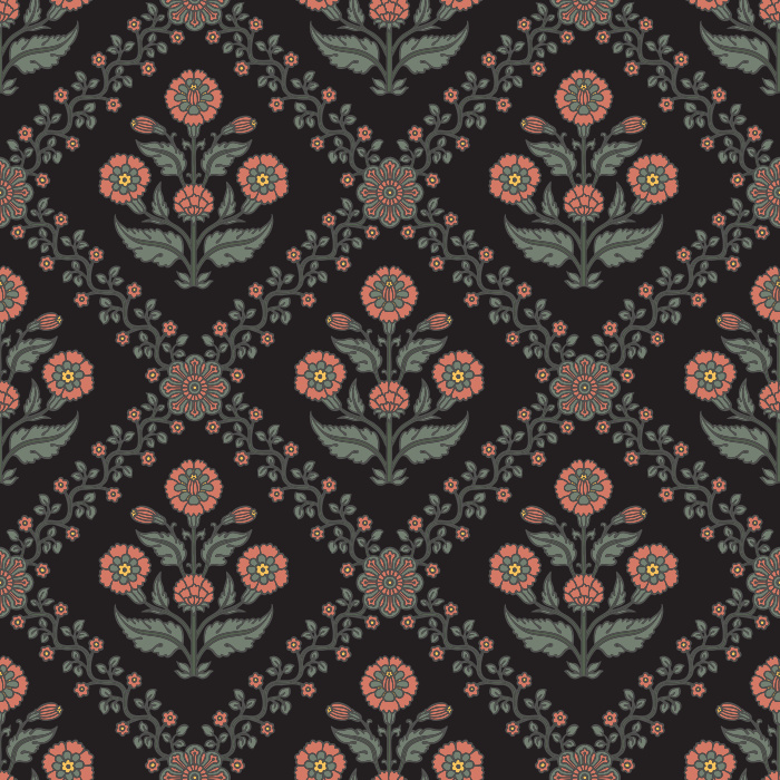 The Floral Legacy Wallpaper captures timeless beauty with its soft, symmetrical floral medallions in muted blue, sage, and beige tones.