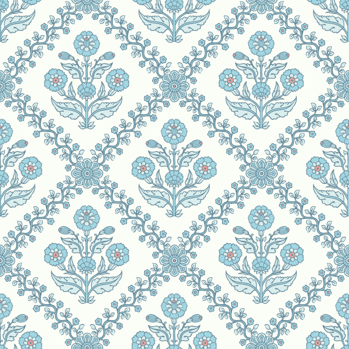 The Floral Legacy Wallpaper captures timeless beauty with its soft, symmetrical floral medallions in muted blue, sage, and beige tones.