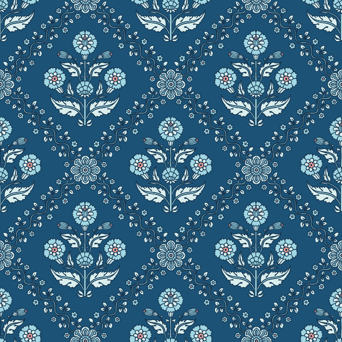 The Floral Legacy Wallpaper captures timeless beauty with its soft, symmetrical floral medallions in muted blue, sage, and beige tones.