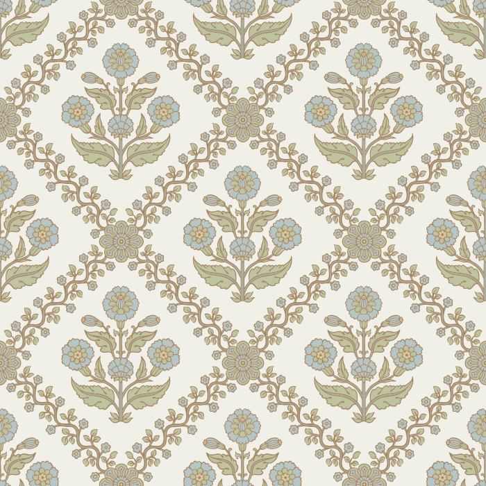 The Floral Legacy Wallpaper captures timeless beauty with its soft, symmetrical floral medallions in muted blue, sage, and beige tones.