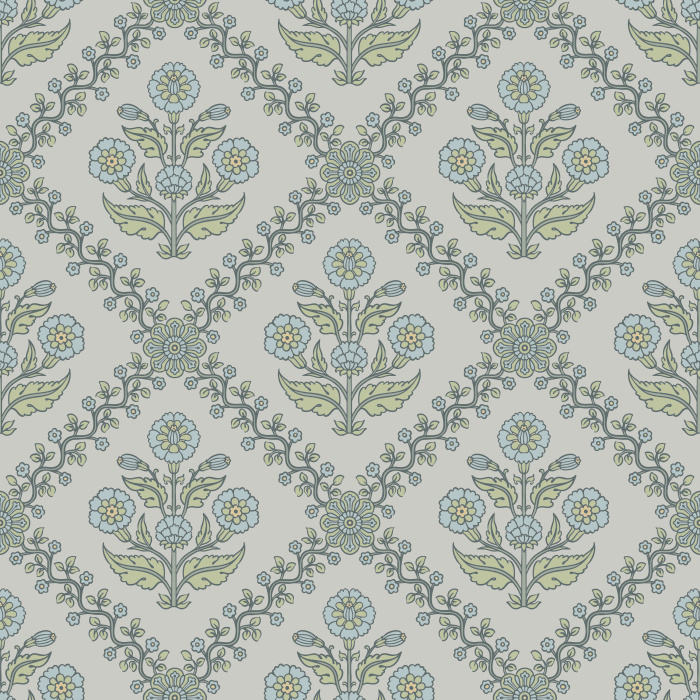 The Floral Legacy Wallpaper captures timeless beauty with its soft, symmetrical floral medallions in muted blue, sage, and beige tones.