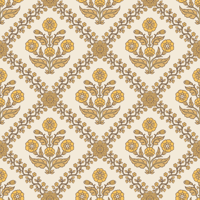 The Floral Legacy Wallpaper captures timeless beauty with its soft, symmetrical floral medallions in muted blue, sage, and beige tones.
