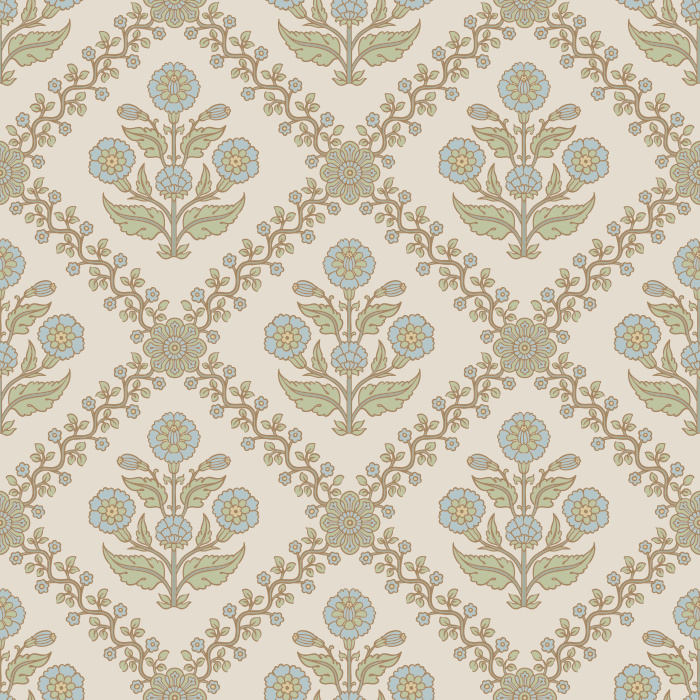 The Floral Legacy Wallpaper captures timeless beauty with its soft, symmetrical floral medallions in muted blue, sage, and beige tones.