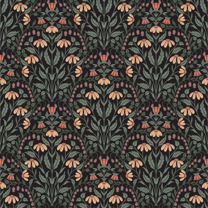 The Summer Wildflowers Wallpaper celebrates nature’s charm with a graceful botanical pattern of coral, sage, and golden florals on a warm ivory backdrop.