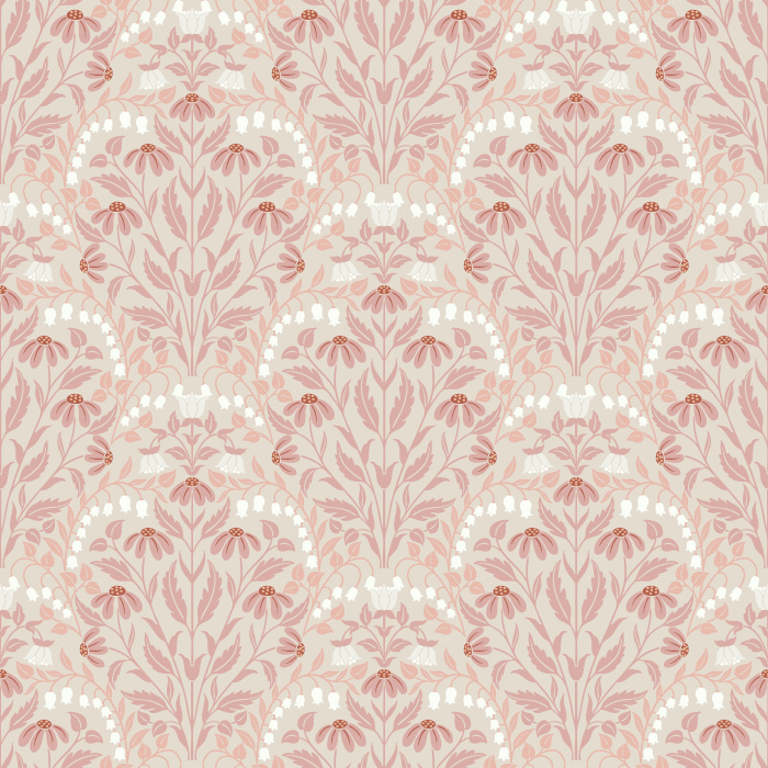 The Summer Wildflowers Wallpaper celebrates nature’s charm with a graceful botanical pattern of coral, sage, and golden florals on a warm ivory backdrop.