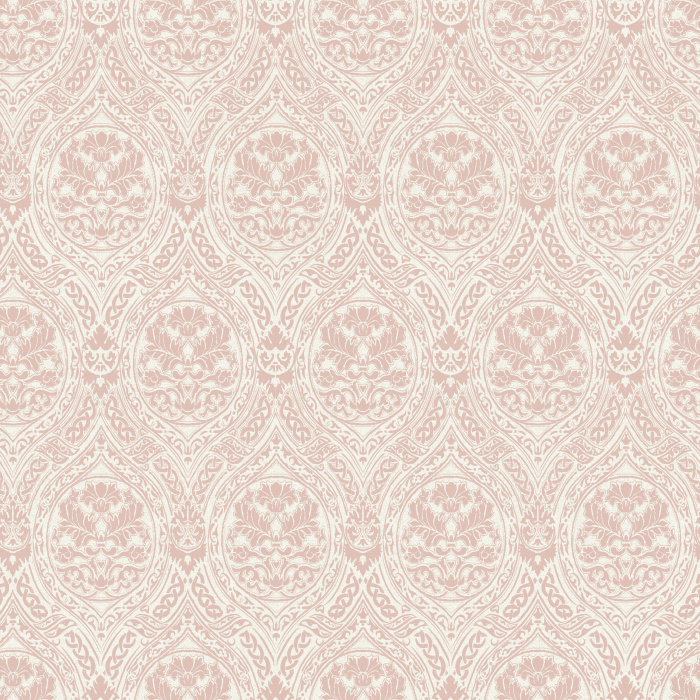 The Romantic Motif Wallpaper exudes timeless elegance with its soft taupe damask-inspired design, featuring intricate floral scrollwork on a warm cream background.