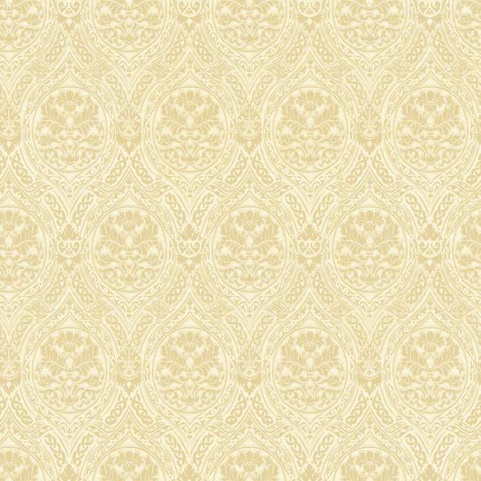 The Romantic Motif Wallpaper exudes timeless elegance with its soft taupe damask-inspired design, featuring intricate floral scrollwork on a warm cream background.