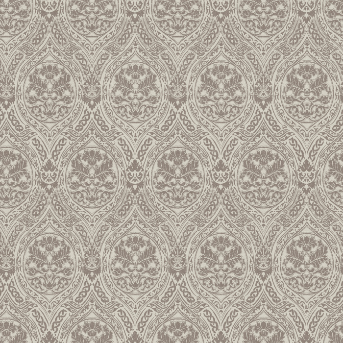 The Romantic Motif Wallpaper exudes timeless elegance with its soft taupe damask-inspired design, featuring intricate floral scrollwork on a warm cream background.