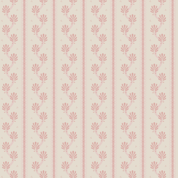 The Eleanor Stripe Wallpaper features vertical stripes and floral motifs in muted red and cream tones, inspired by timeless vintage elegance.