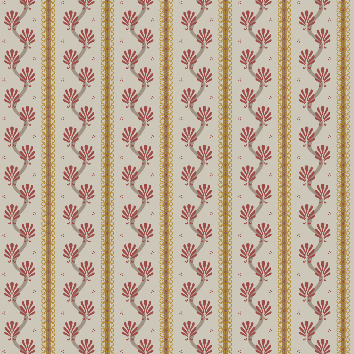 The Eleanor Stripe Wallpaper features vertical stripes and floral motifs in muted red and cream tones, inspired by timeless vintage elegance.
