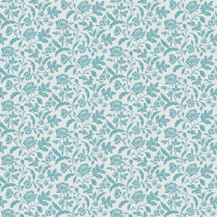 The Summer Cottage Wallpaper features soft blue floral patterns that evoke the beauty and tranquility of a countryside garden.