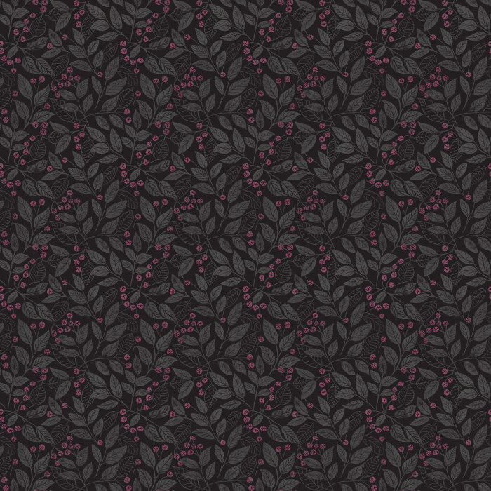 The Leaf Berry Wallpaper features golden leaves and soft blue berries on a rich brown background for a cozy, nature-inspired look.