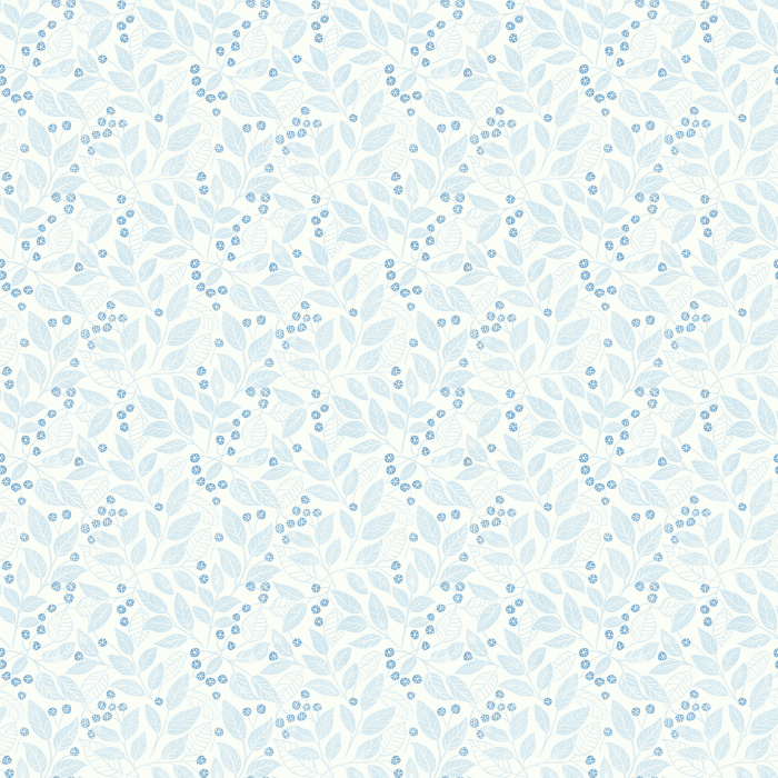The Leaf Berry Wallpaper features golden leaves and soft blue berries on a rich brown background for a cozy, nature-inspired look.