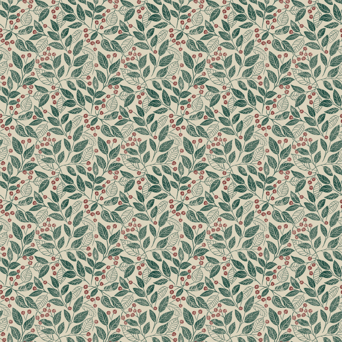 The Leaf Berry Wallpaper features golden leaves and soft blue berries on a rich brown background for a cozy, nature-inspired look.