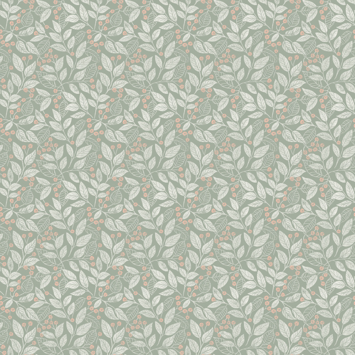 The Leaf Berry Wallpaper features golden leaves and soft blue berries on a rich brown background for a cozy, nature-inspired look.