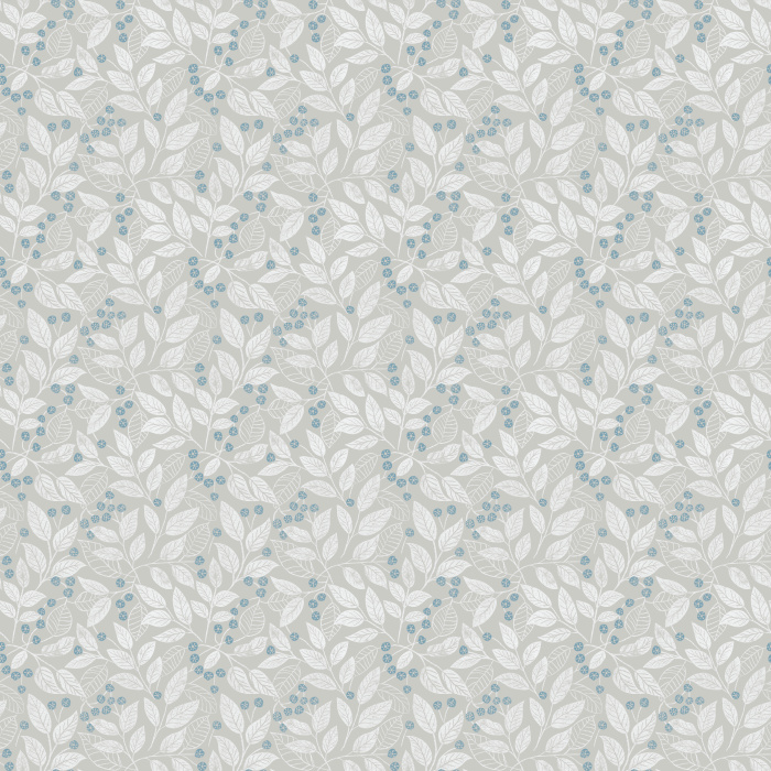 The Leaf Berry Wallpaper features golden leaves and soft blue berries on a rich brown background for a cozy, nature-inspired look.