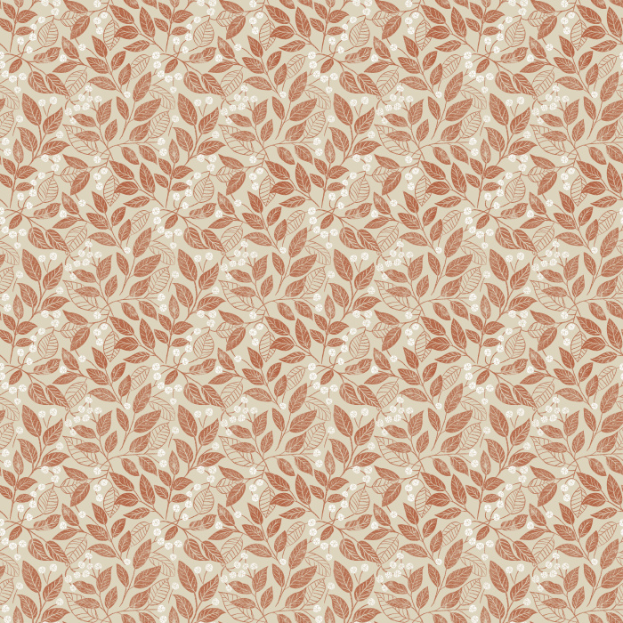 The Leaf Berry Wallpaper features golden leaves and soft blue berries on a rich brown background for a cozy, nature-inspired look.